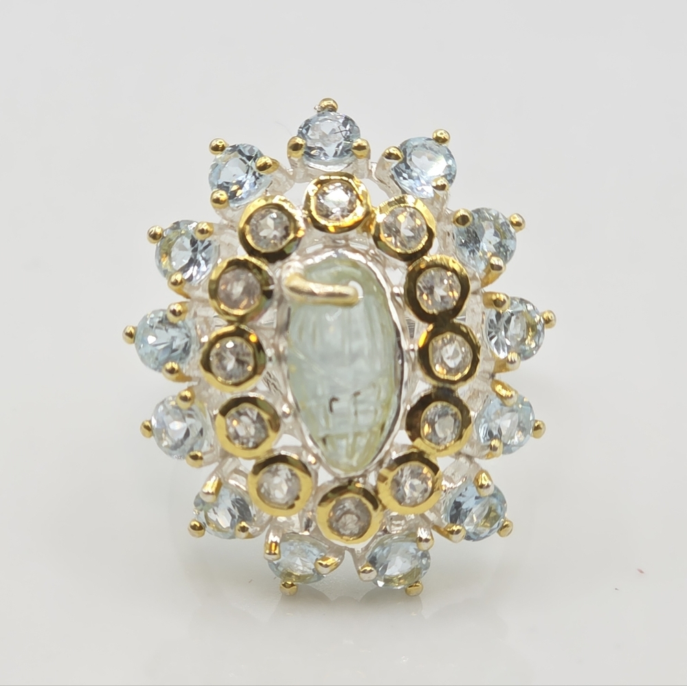 Elegant Genuine Aquamarine White Topaz And Sky Blue Topaz Ring